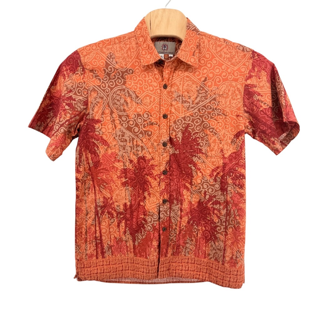 The Territory Ahead Mens Large Pre-Owned Shirt Orange Palm Tree Batik 100%Cotton